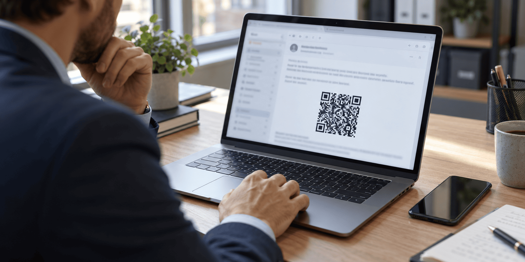 Profesional revisando un correo con un código QR en su portátil, con un móvil sobre la mesa.