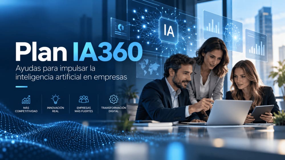 Equipo de oficina colaborando con un asistente de inteligencia artificial y aplicaciones de productividad